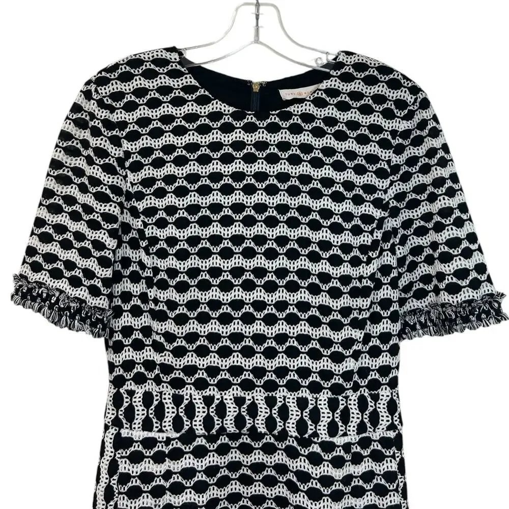 Tory Burch Paulina' Knit Dress, Kate Middleton A-Line Fringe Black/White Medium